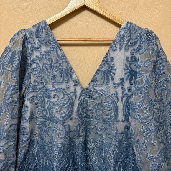 Ganni Feather-trim Brocade Mini Dress Mid Blue Size 34 XS - Picture 12 of 16